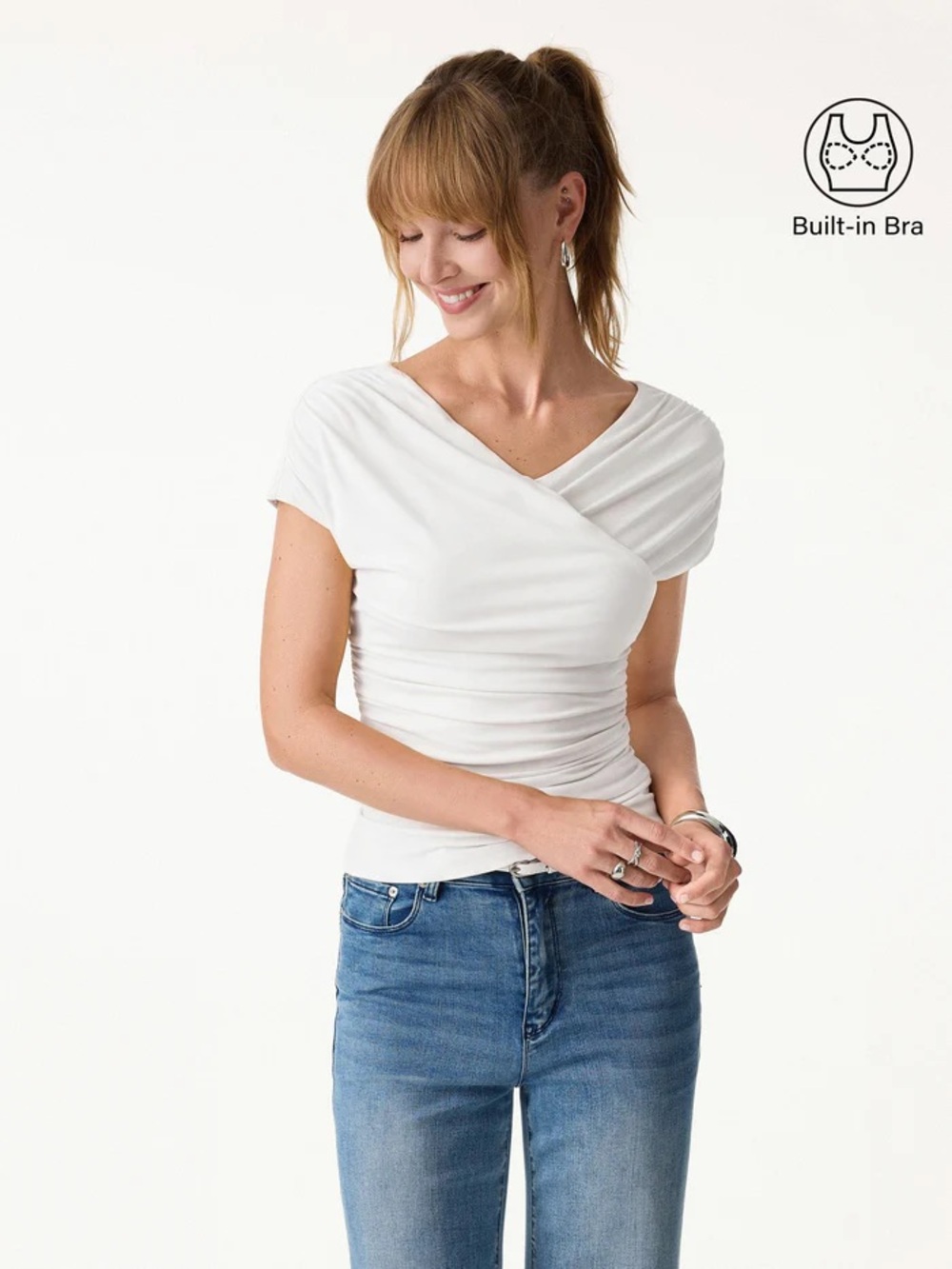 OGL White SkinKiss Surplice V-Neck Ruching Bra Top Size Large
